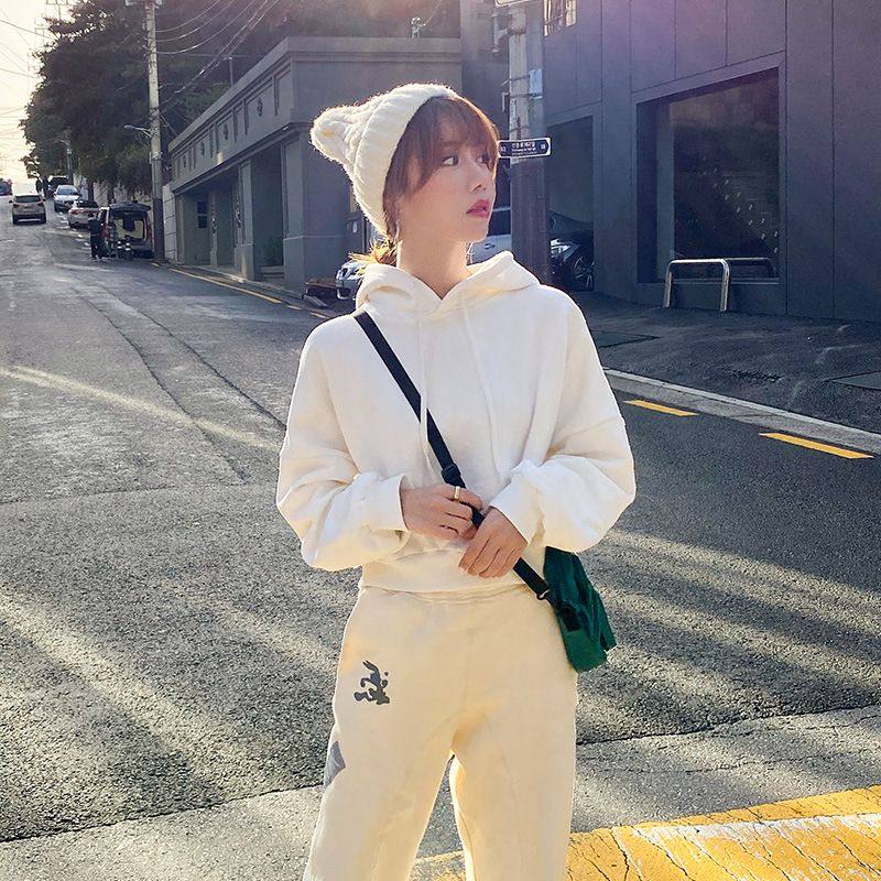 2026春秋加厚加绒高腰白色连帽打底内搭宽松短款卫衣女潮休闲百搭