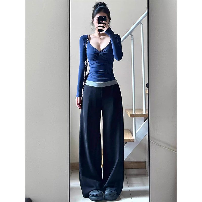 黑色高腰拼接运动休闲卫裤女2025年春松弛感宽松垂感阔腿拖地长裤