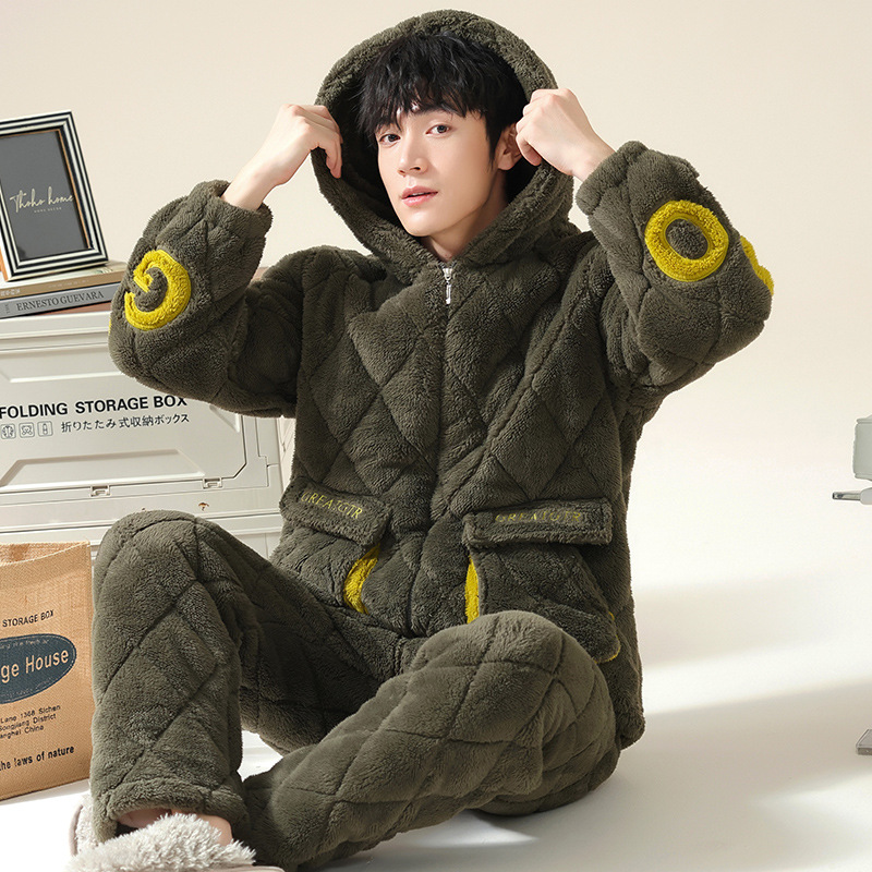 睡衣男冬季款加厚加绒珊瑚绒三层夹棉男士青少年可外穿家居服套装