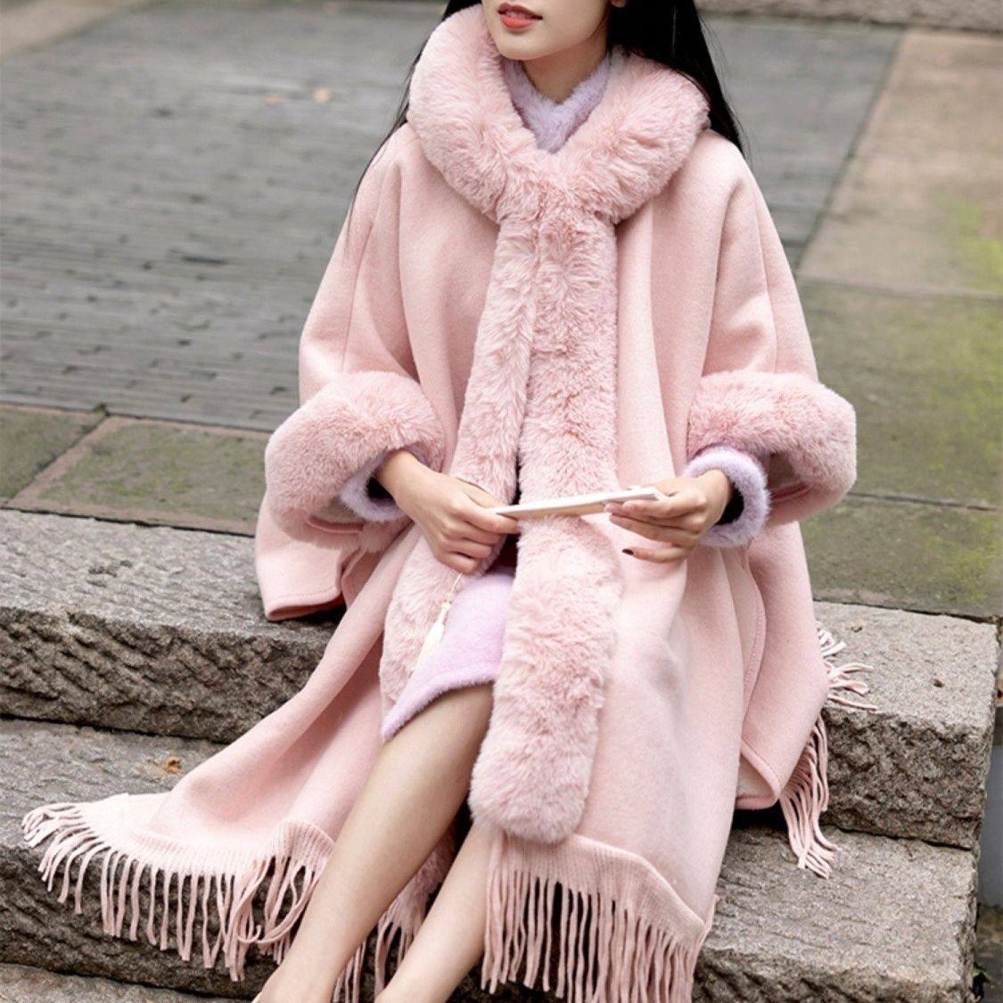 皮草毛毛贵妃披肩2025外套女秋冬季新款大毛领披风斗篷呢子大衣潮