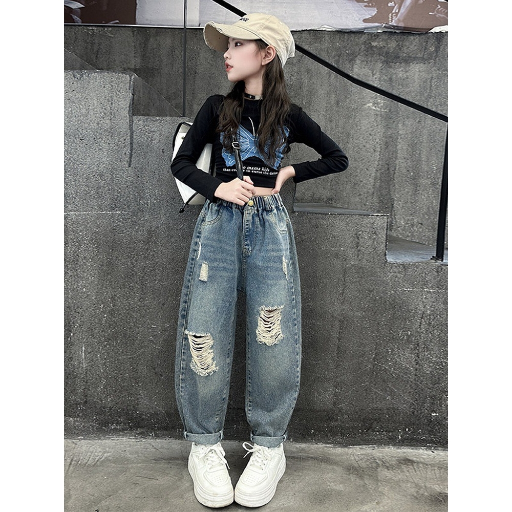 女童裤子秋装新款儿童春秋长裤洋气街舞裤装复古女孩破洞牛仔裤潮