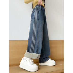 女童加绒裤子秋冬2025新款儿童弯刀牛仔裤加厚中大童直筒阔腿长裤