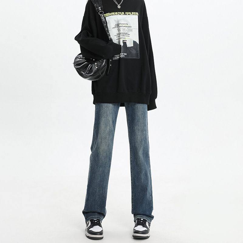 复古蓝窄版直筒牛仔裤女秋冬加绒新款显高烟管裤高个子加长款