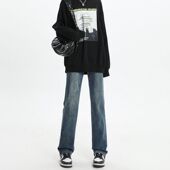 直筒牛仔裤 女秋冬加绒新款 显高烟管裤 复古蓝窄版 高个子加长款