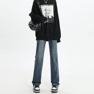 复古蓝窄版直筒牛仔裤女秋冬加绒新款显高烟管裤高个子加长款