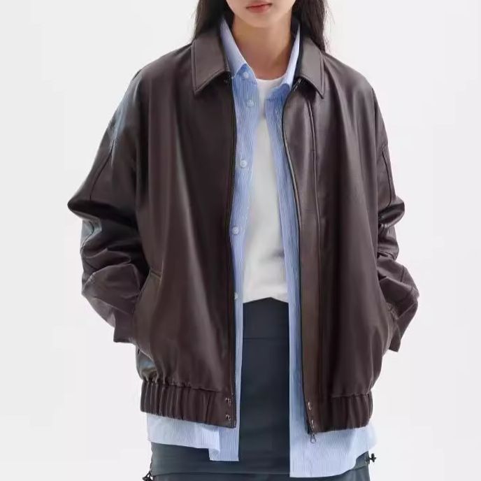 春秋新款流行简约休闲绵羊皮皮夹克外套植鞣皮衣女情侣外套潮