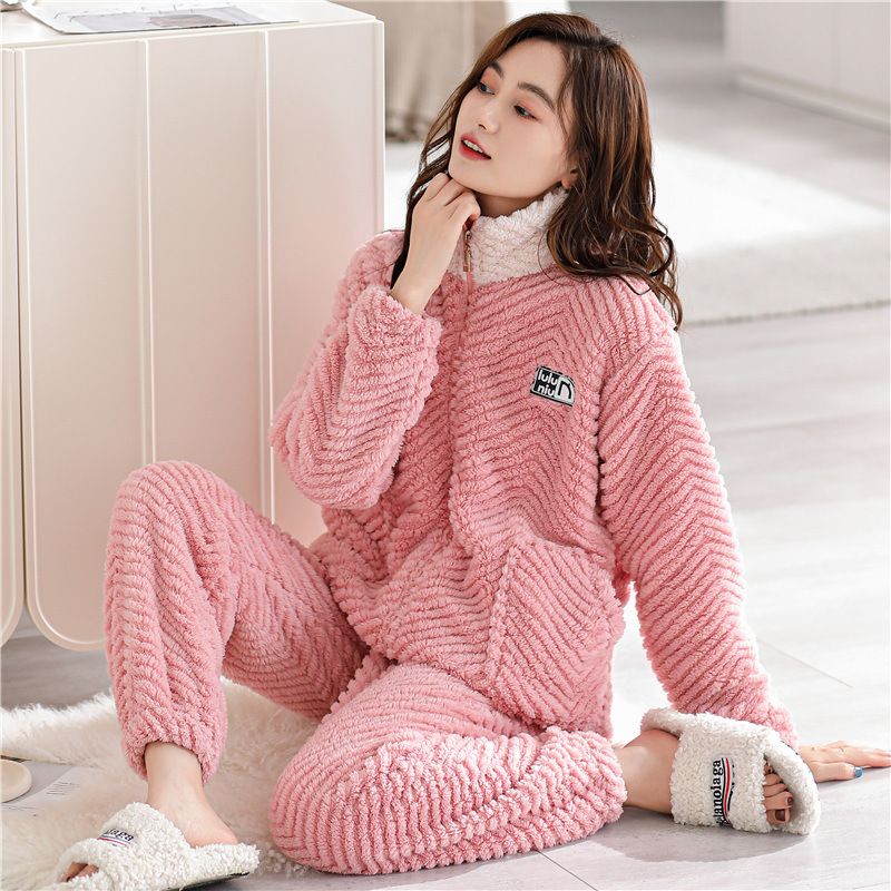 睡衣女冬款加绒加厚珊瑚绒拉链加大码胖mm秋冬季法兰绒家居服套装