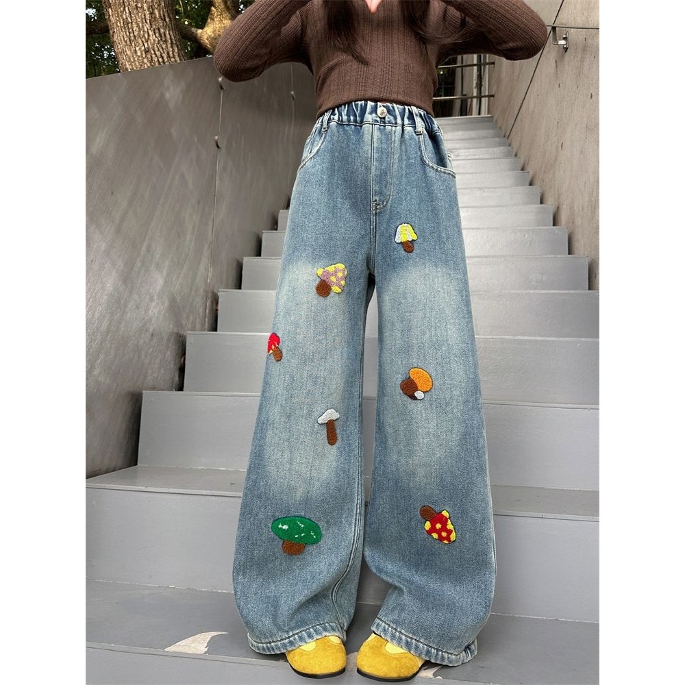 女童加绒牛仔裤外穿洋气儿童秋冬一体绒阔腿裤中大童冬季加厚裤子