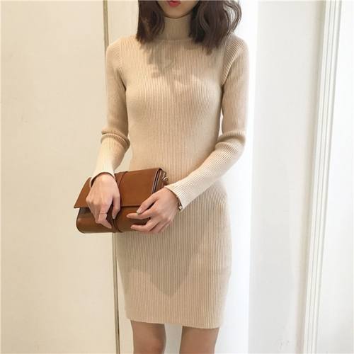 毛衣裙女春季新款中长款半高领修身打底连衣裙学生毛针织衫潮