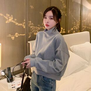 2026春秋百搭套头宽松纯色半高领加绒加厚保暖短款卫衣女韩系时尚