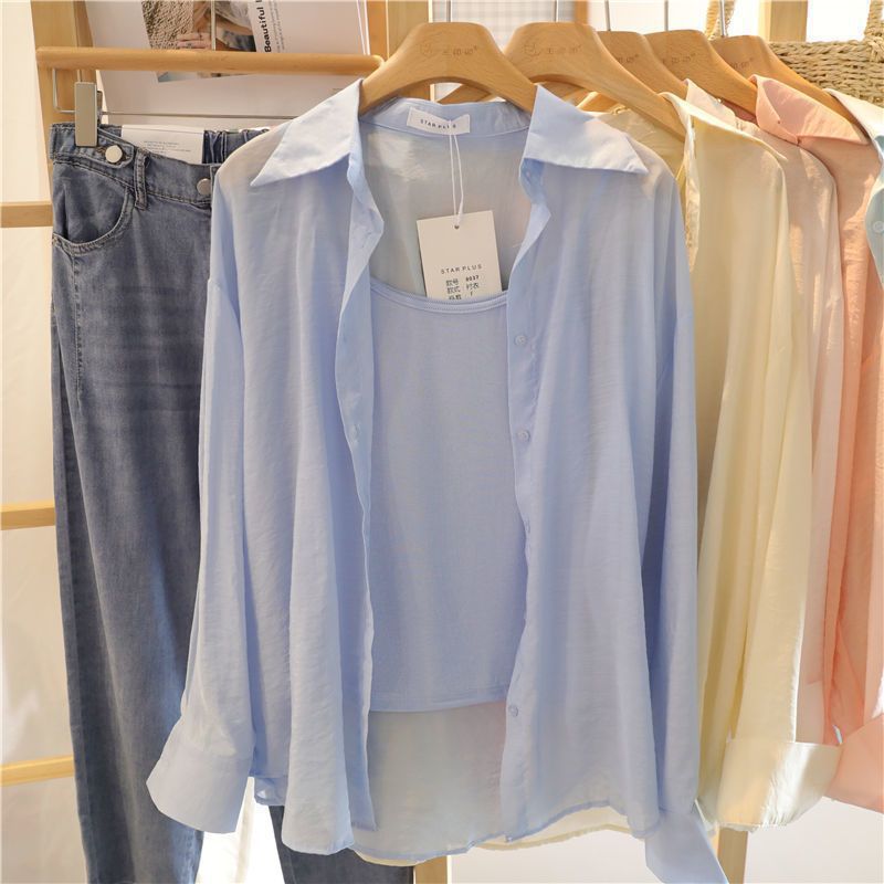 防晒衫外搭韩版雪纺微透感衬衫女2025春夏宽松百搭薄款长袖空调衫