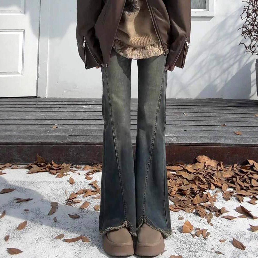 水泥灰毛边开叉微喇牛仔裤女春秋大码胖mm高腰显瘦遮胯弹力喇叭裤