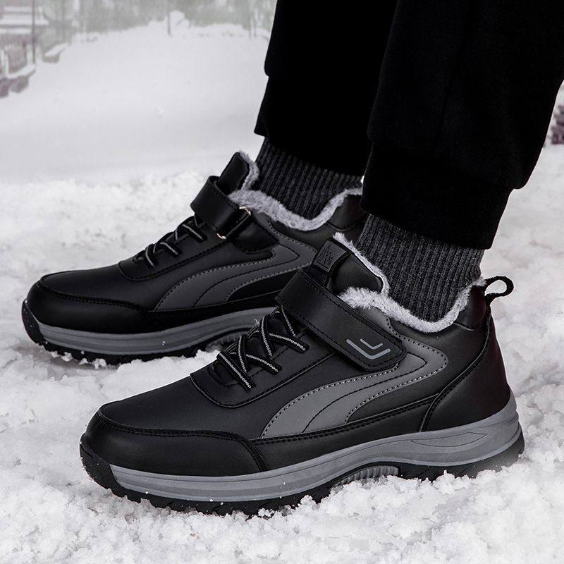 棉鞋冬季男皮面防水加厚健步鞋防滑保暖老人鞋女加绒妈妈鞋雪地靴