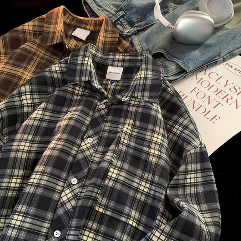 格子大码衬衫男春秋款美式复古格纹长袖秋衣高级感痞帅衬衣外套