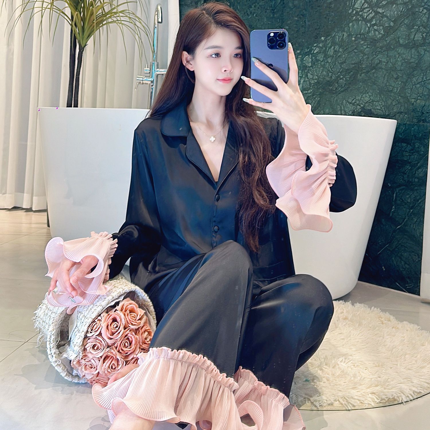 法式简约长袖睡衣女套装秋季高级感冰丝ins风少女家居服可外穿春