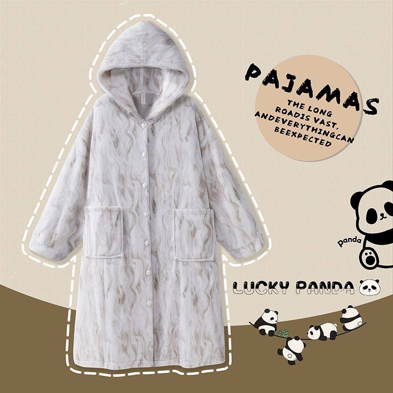 珊瑚绒睡衣女冬季加绒加厚简约连帽睡袍中长款冬天浴袍女士家居服