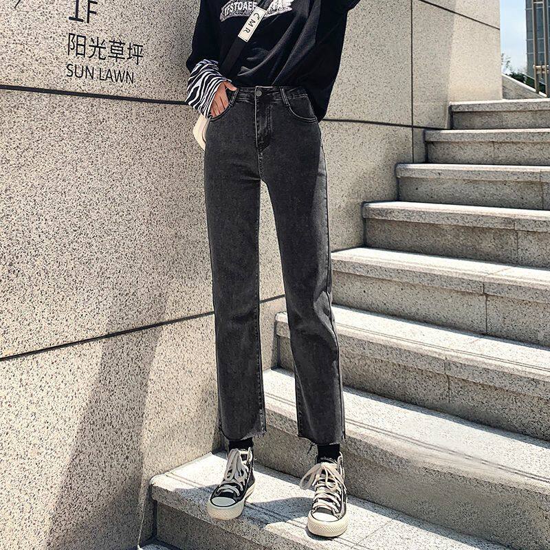 小个子直筒高腰牛仔裤女新款秋冬显瘦修身弹力毛边九分烟管裤