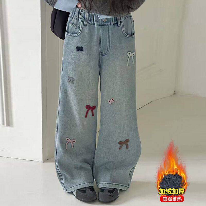 女童加绒牛仔裤2025新款儿童秋冬一体绒阔腿裤中大童冬季加厚裤子