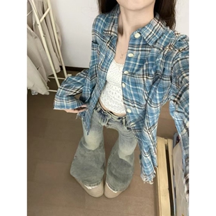 上衣外套氨纶 女春秋磨毛防晒衬衣慵懒风法式 韩系格纹复古长袖 衬衫