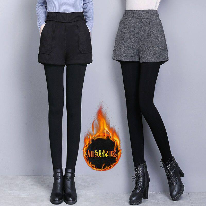 带裙子秋冬加绒加厚假两件打底裤女外穿踩脚保暖包臀裙裤一体高腰