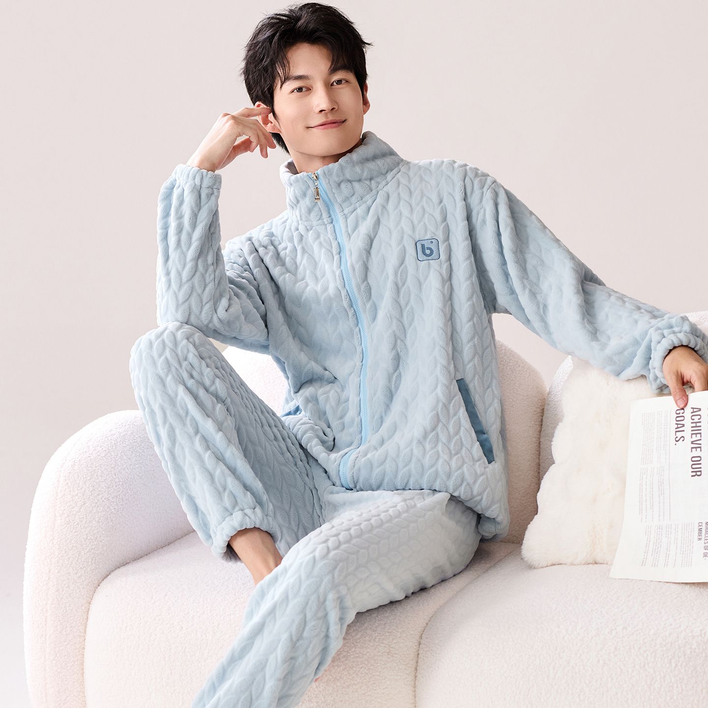 秋冬保暖睡衣男加厚加绒法兰绒高领拉链男士家居服冬季宽松套装