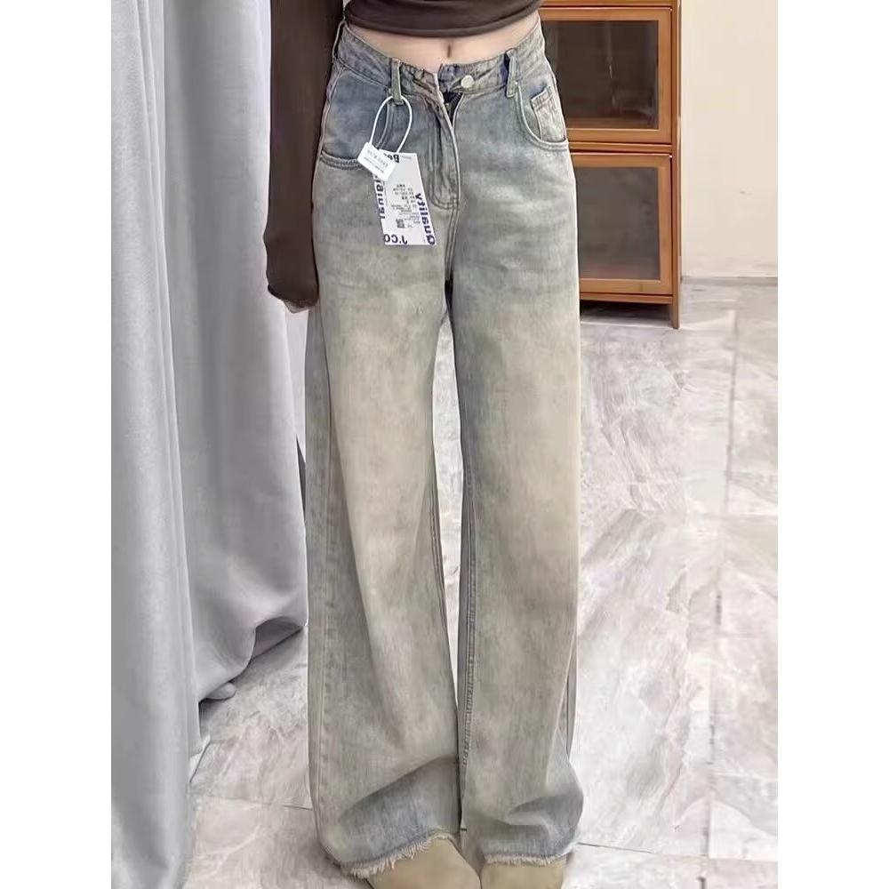怀旧毛边直筒牛仔裤女春秋新款梨形身材大码高腰显瘦拖地阔腿长裤