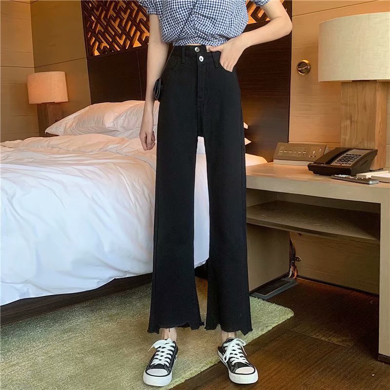 微喇九分裤秋冬美式小个子显瘦高腰牛仔裤女复古直筒宽松阔腿裤女