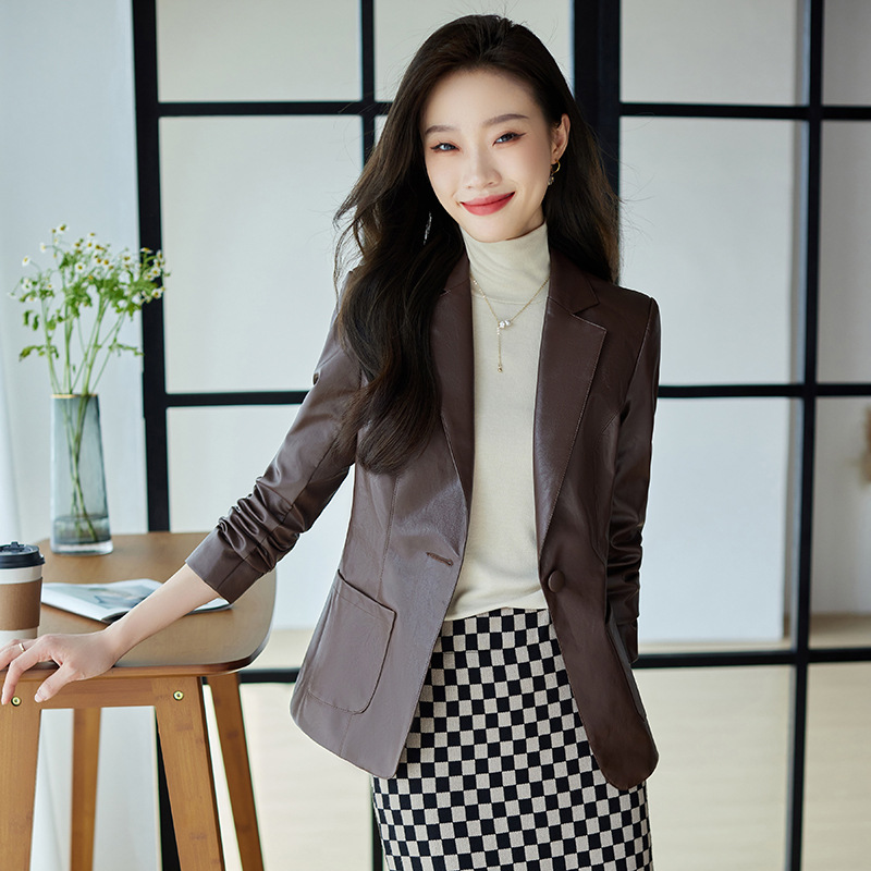 棕色皮衣外套女新款小个子春秋冬复古上衣休闲气质西装皮夹克