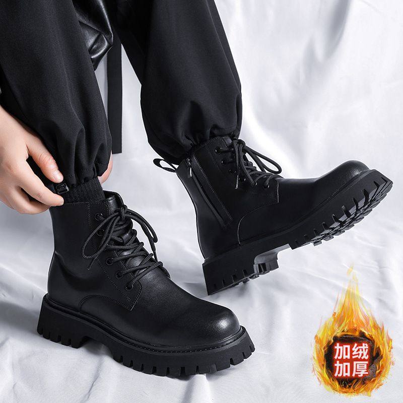 马丁靴男款冬季加绒高帮英伦风男士软皮厚底中帮皮鞋增高工装靴子