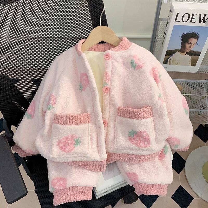 儿童珊瑚绒睡衣秋冬季加绒加厚女童开衫法兰绒家居服宝宝公主套装