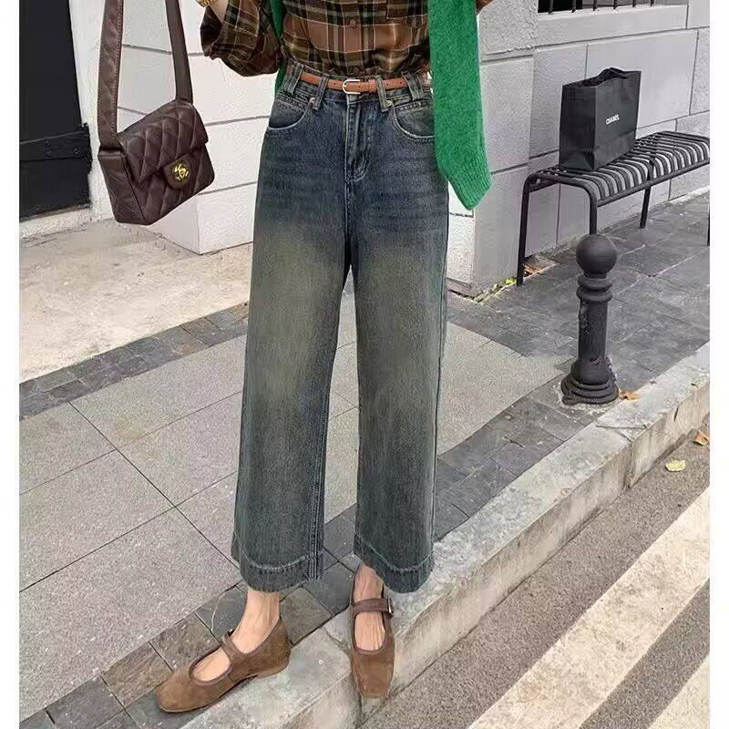 大码复古宽松直筒牛仔裤女春秋新款胖mm裤子小个子高腰九分阔腿裤