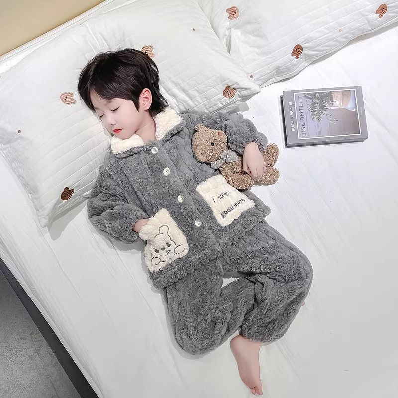 儿童睡衣秋冬季珊瑚绒加绒款套装男童男孩法兰绒小宝宝开衫家居服