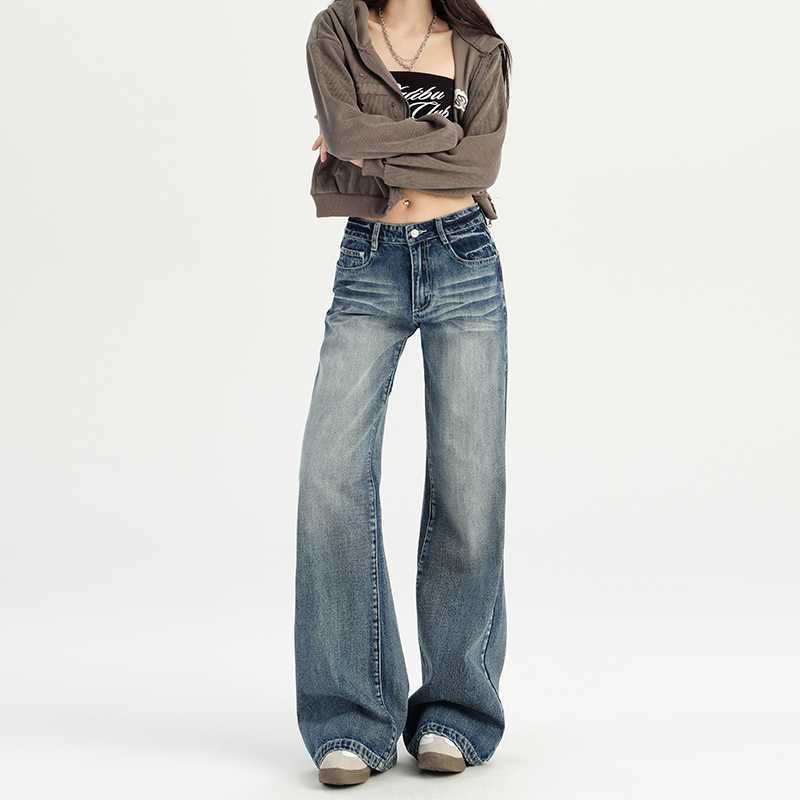 美式复古水洗宽松阔腿裤微喇叭百搭垂感初秋直筒牛仔裤女