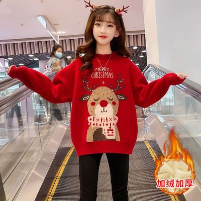 女童毛衣冬季新款大童儿童秋冬加绒半高领打底衫加厚洋气红色圣诞