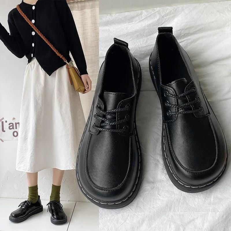 英伦风黑色小皮鞋女简约百搭平底单鞋韩版春秋新款软妹学生鞋