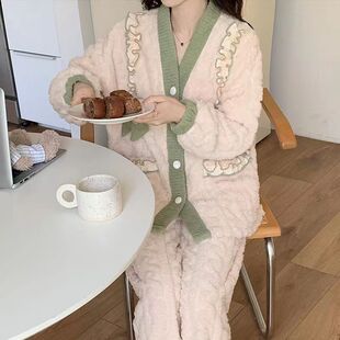 秋冬季珊瑚绒女睡衣加绒加厚法兰绒学生可外穿家居服套装中长款