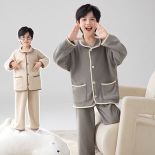 儿童睡衣加绒加厚冬季休闲宽松男童家居服保暖套装秋冬款居家上衣