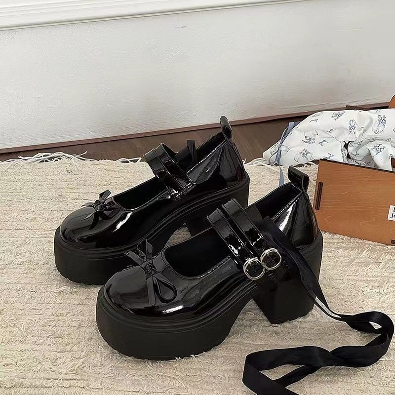 黑色厚底玛丽珍小皮鞋女2025新款夏季小个子增高圆头jk粗高跟单鞋