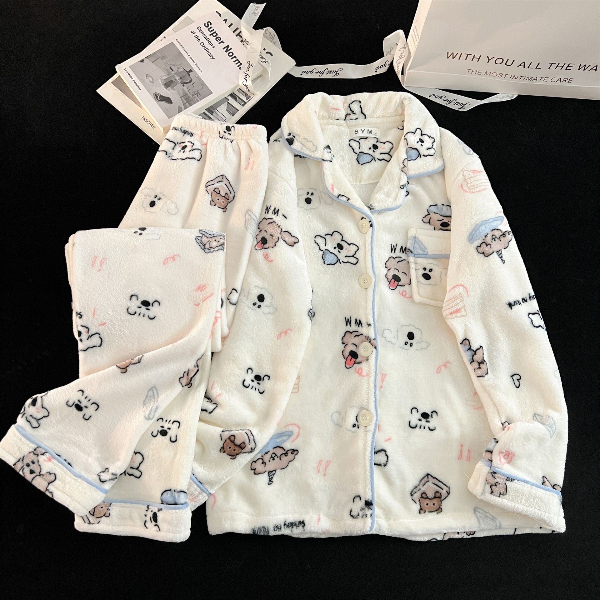 源头法兰绒睡衣女秋冬季加厚加绒保暖趣味考拉家居服两件套装