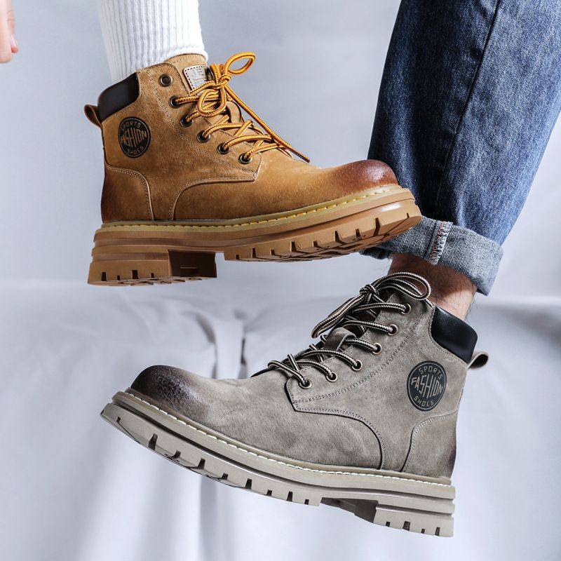 马丁靴男大黄靴秋冬季中帮猪皮工装雪地靴加绒厚底情侣中帮工装靴