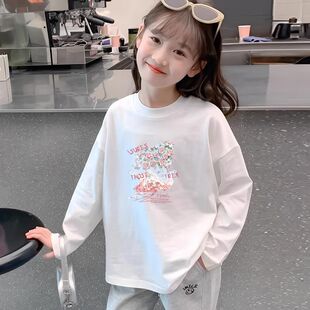 女童装白色纯棉打底衫春秋季宽松洋气长袖中大童T恤内搭百搭上衣