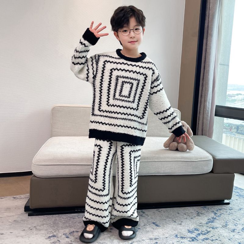 男童睡衣珊瑚绒秋冬款2025新款儿童法兰绒家居服男孩冬加绒厚大童