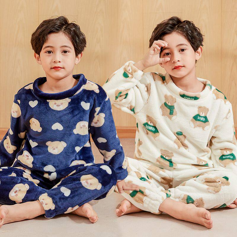 儿童睡衣男童秋冬季珊瑚绒加厚款中小童男孩加绒家居服两件套