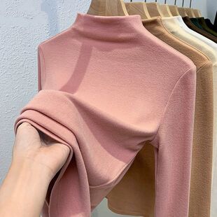 粉色修身双面德绒一体绒保暖打底衫加绒半高领上衣内搭长袖t恤女