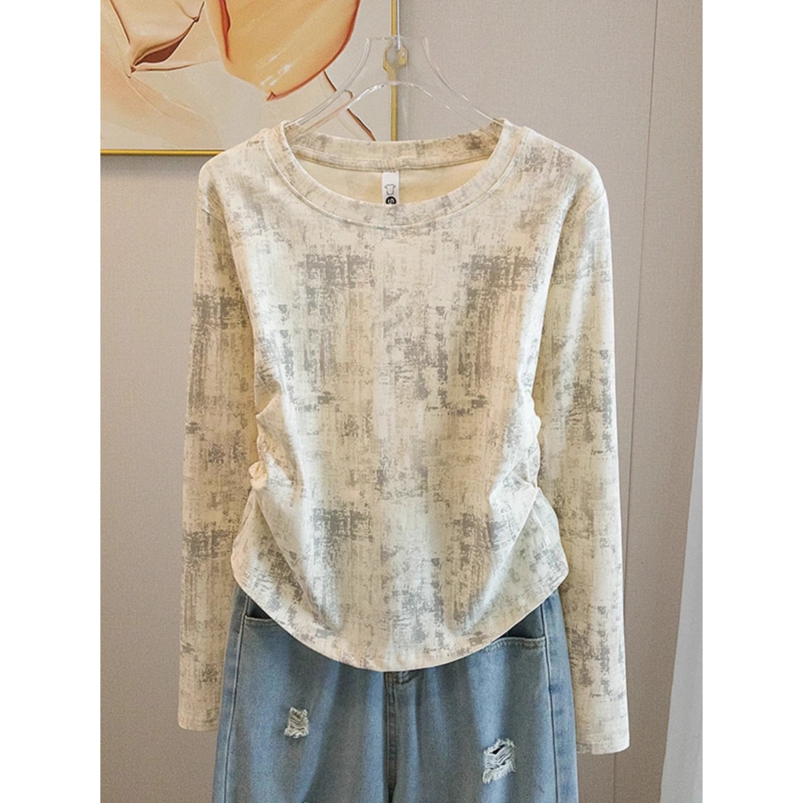 秋冬新款遮肚扎染褶皱内搭打底衫女修身显瘦正肩长袖t恤上衣