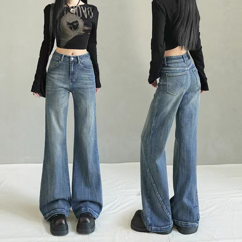 秋冬宽松微喇牛仔裤女弹力水洗设计感高腰辣妹百搭微阔马蹄喇叭裤