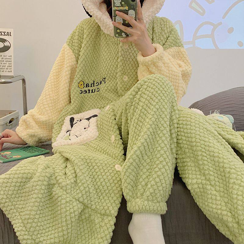 加厚加绒珊瑚绒睡衣女秋冬季长款睡袍法兰绒冬天套装家居服可外穿