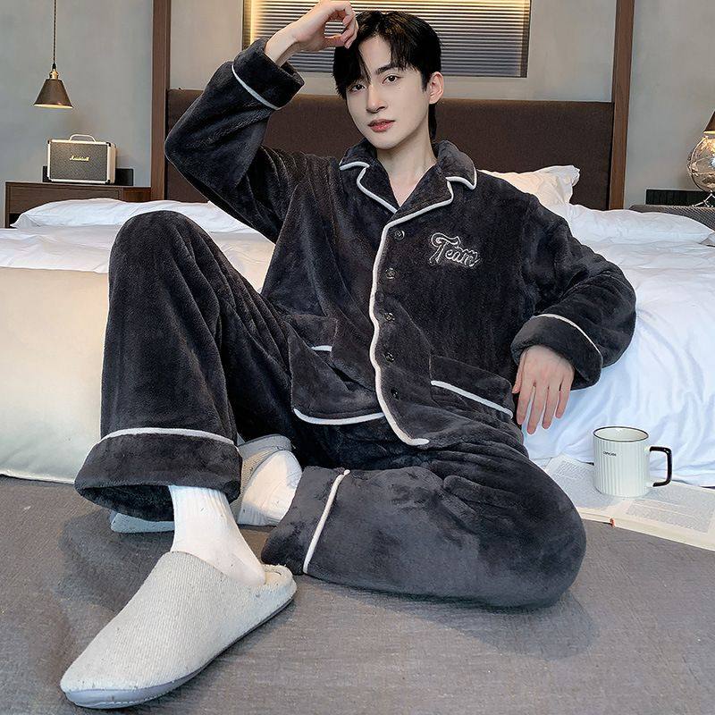 睡衣男士冬季珊瑚绒加厚加绒新款保暖法兰绒冬款开衫家居服男