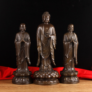 铜释迦牟尼佛摆件站像阿难迦叶尊者佛祖左右协侍一佛二弟子铜像