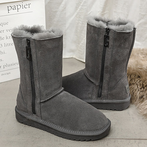 雪地靴男拉链款保暖防滑真皮棉鞋